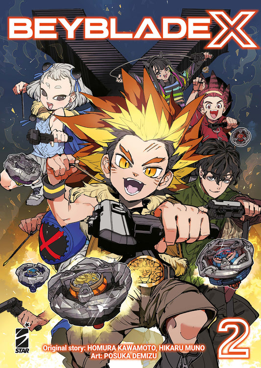 Copertina del manga Beyblade X volume 2. Un'illustrazione dinamica che mostra un gruppo di giovani blader pronti all'azione con i loro lanciatori, circondati da trottole Beyblade in rapido movimento. Al centro spicca un ragazzo dall'espressione fiera con folti capelli biondi e rossi a punta.