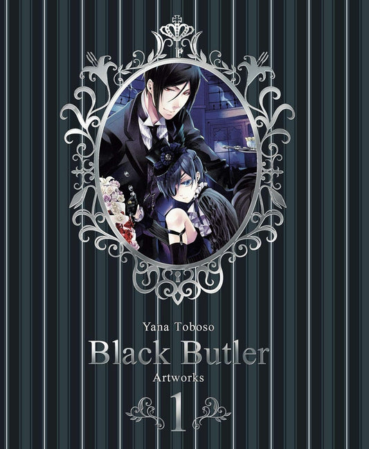 Copertina dell'Art Book Black Butler Artworks 1 di Yana Toboso, con il maggiordomo Sebastian Michaelis e Ciel Phantomhive in un'illustrazione elegante e gotica.