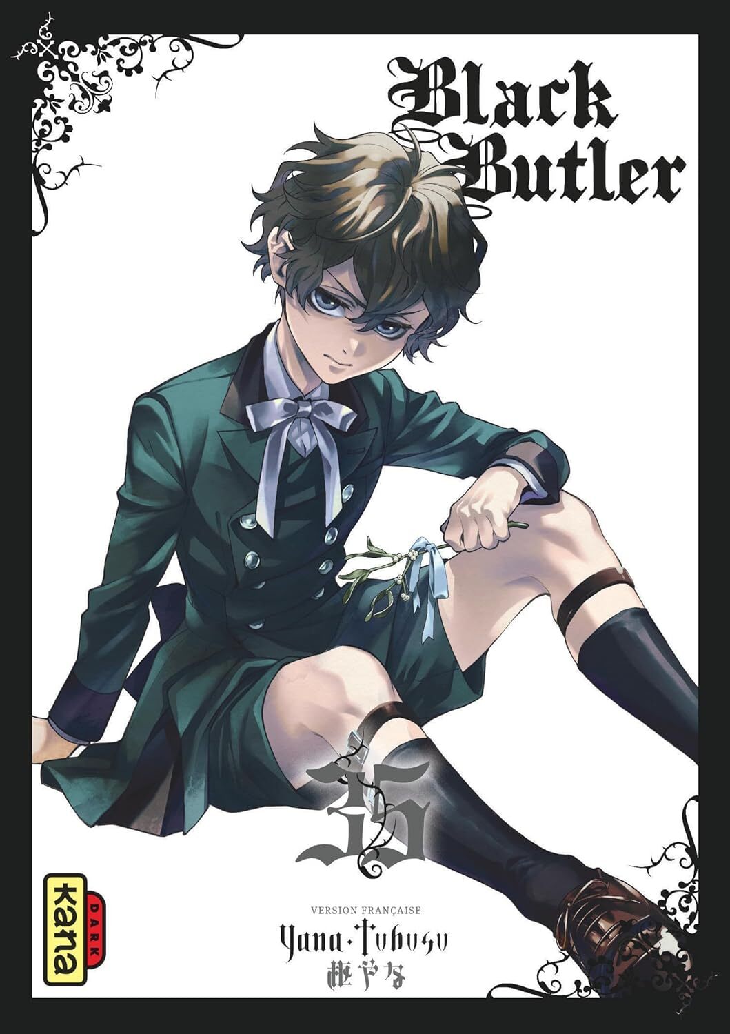 Copertina dell'edizione francese del manga Black Butler volume 35. L'illustrazione su sfondo bianco ritrae un giovane ragazzo seduto, con grandi occhi azzurri e corti capelli mossi. Indossa un elegante completo in stile vittoriano verde scuro composto da giacca e pantaloncini, un nastro argentato al collo e calzettoni scuri tenuti da giarrettiere. Tra le dita tiene delicatamente un rametto di vischio legato con un piccolo nastro azzurro.