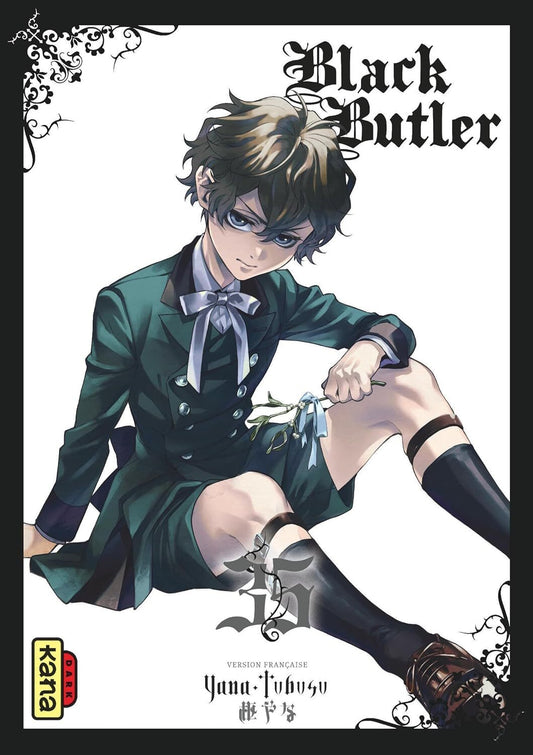Copertina dell'edizione francese del manga Black Butler volume 35. L'illustrazione su sfondo bianco ritrae un giovane ragazzo seduto, con grandi occhi azzurri e corti capelli mossi. Indossa un elegante completo in stile vittoriano verde scuro composto da giacca e pantaloncini, un nastro argentato al collo e calzettoni scuri tenuti da giarrettiere. Tra le dita tiene delicatamente un rametto di vischio legato con un piccolo nastro azzurro.