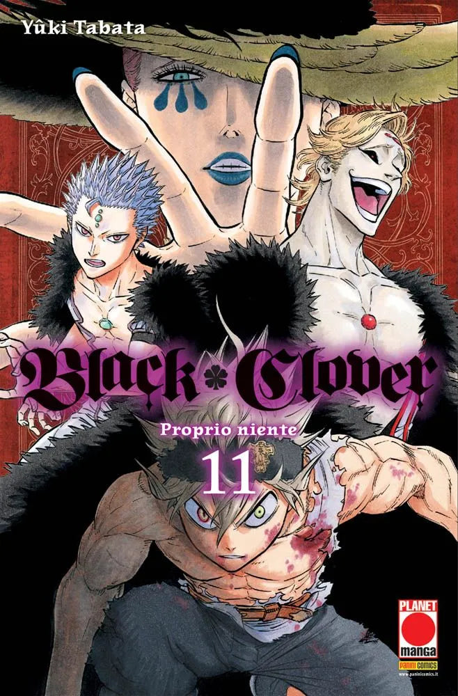 Copertina del manga Black Clover Vol. 11. In primo piano spicca la Regina delle Streghe con il suo sguardo severo e aristocratico, caratterizzata da lunghi capelli scuri e un elegante abito rosso sangue. Accanto a lei si staglia Vanessa Enoteca dei Tori Neri. Lo sfondo è dominato da tonalità calde e magiche, con il logo ufficiale di Black Clover e il marchio Planet Manga bene in vista.