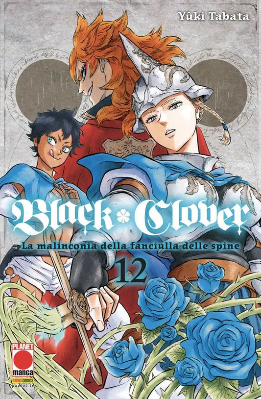 Copertina del manga Black Clover Vol. 12. In primo piano sono raffigurati i capitani delle compagnie dei Cavalieri Magici, tra cui spiccano Yami Sukehiro del Toro Nero e William Vangeance dell'Alba Dorata. Le espressioni sono solenni e i colori sono vivaci, tipici dello stile dinamico di Tabata. In alto campeggia il logo nero del trifoglio e il titolo della serie.