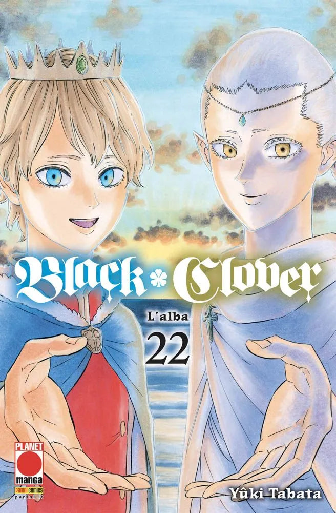 Copertina del manga Black Clover Vol. 22. In primo piano risplende la figura leggendaria di Lumiere Silvamillion Clover, il primo Imperatore Magico, accanto a Secre Swallowtail (Nero). L'illustrazione è ricca di luce e dettagli dorati, a contrasto con le ombre demoniache del nemico. In alto campeggia il logo ufficiale della serie e il marchio Planet Manga.