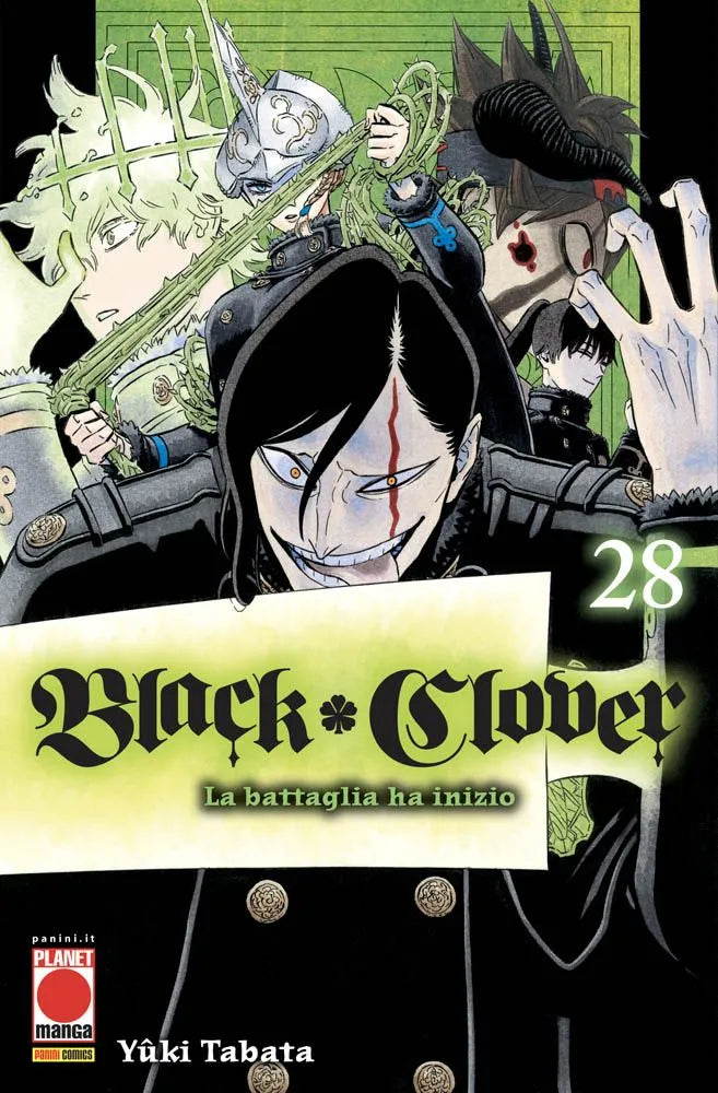 Copertina del manga Black Clover Vol. 28, con il sottotitolo "La battaglia ha inizio", edito da Panini Planet Manga. L'illustrazione mostra diversi personaggi pronti allo scontro: in primissimo piano spicca una figura dai capelli scuri con una marcata cicatrice rossa verticale sull'occhio sinistro, intento a sorridere malignamente mostrando la lingua. Dietro di lui, sullo sfondo verde, compaiono altre figure armate e minacciose, tra cui un giovane con i capelli chiari e uno spadone avvolto da rovi. A metà d