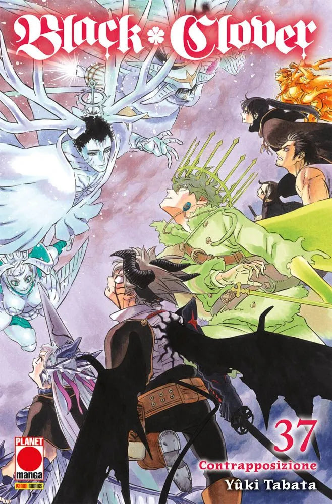 Copertina del manga Black Clover Vol. 37; illustrazione dinamica che mostra Asta (con energia nera) e Yuno (in forma spirituale verde) mentre caricano verso l'alto per attaccare il villain Lucius Zogratis, che appare in alto a sinistra con vesti bianche e corna.