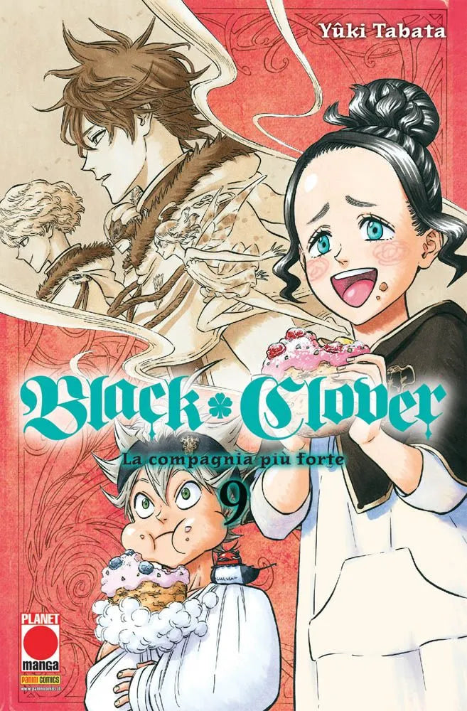 Copertina del manga Black Clover Vol. 9, con il sottotitolo "La compagnia più forte", edito da Panini Planet Manga. Su uno sfondo rosso aranciato con decorazioni a spirale, compaiono diversi personaggi in un momento di meritato ristoro. In primo piano a destra, Charmy Pappitson sorride felicemente con le guance arrossate mentre tiene in mano un grande bignè farcito. Accanto a lei, in basso a sinistra, il protagonista Asta mangia con enfasi, con le guance gonfie di cibo e un piccolo uccellino nero appoggiato