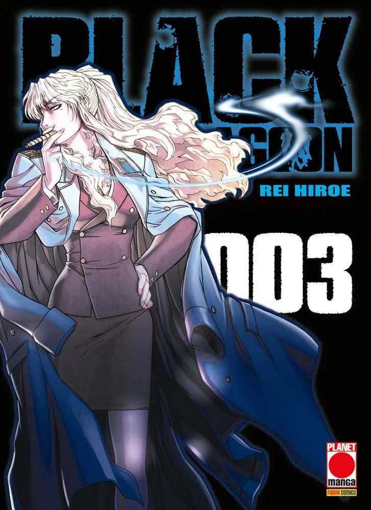 La copertina di Black Lagoon Vol. 3 che ritrae Balalaika, la leader dell'Hotel Moscow, con lunghi capelli biondi e cicatrici da ustione sul viso e sul petto, mentre fuma un sigaro indossando la sua giacca militare come un mantello su un abito formale.