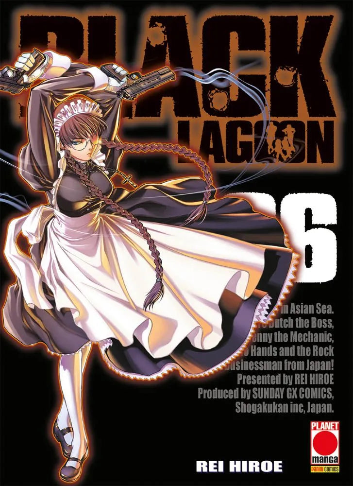Copertina del manga Black Lagoon Vol. 6; il personaggio di Roberta è ritratto in una posa dinamica su sfondo nero mentre impugna due pistole sopra la testa, indossando la sua classica divisa da cameriera, occhiali e trecce.