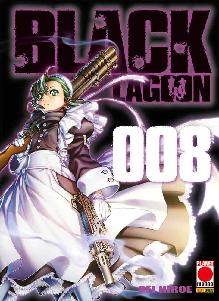Copertina del manga Black Lagoon Vol. 008 edito da Planet Manga. Su uno sfondo completamente nero, spicca in primo piano Roberta, ritratta nella sua iconica e lunga divisa da cameriera vittoriana, i cui lembi svolazzano candidi. Il suo sguardo verde è gelido e determinato. Con la mano destra regge un massiccio fucile appoggiato sulla spalla, mentre con la sinistra guantata di bianco impugna un'altra imponente arma da fuoco fumante. In alto risalta il titolo "BLACK LAGOON" in fucsia e il numero "008" in bian