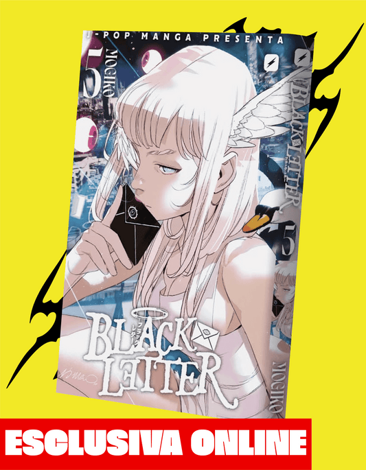 Copertina Variant del manga Black Letter volume 5, illustrata da Simone Di Meo. L'immagine mostra una ragazza dai lunghi capelli bianchi e una piccola ala piumata sulla tempia, mentre tiene una lettera nera vicino al viso, su uno sfondo urbano astratto e scuro.