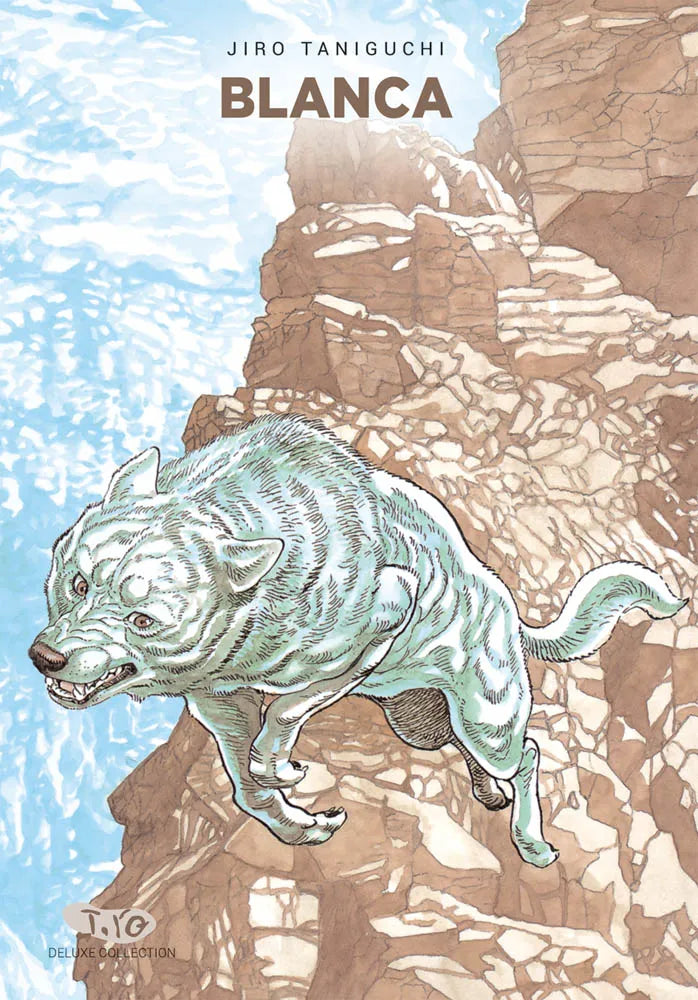 Copertina del manga Blanca di Jiro Taniguchi (Planet Manga Deluxe Collection). Illustrazione di un grande cane bianco che balza agilmente tra le rocce di un dirupo montuoso.