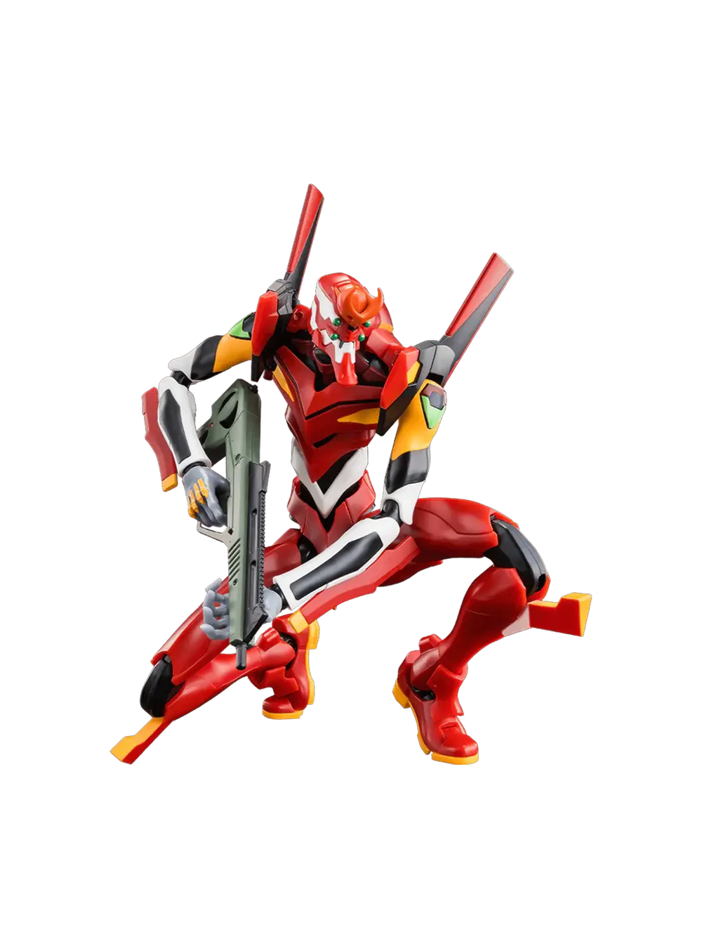 Action figure assemblata del Model-02 Evangelion linea Blokees; il robot rosso è in posa dinamica impugnando la Thunder Spear, evidenziando i dettagli dell'armatura e delle articolazioni.