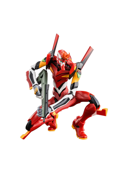 Action figure assemblata del Model-02 Evangelion linea Blokees; il robot rosso è in posa dinamica impugnando la Thunder Spear, evidenziando i dettagli dell'armatura e delle articolazioni.