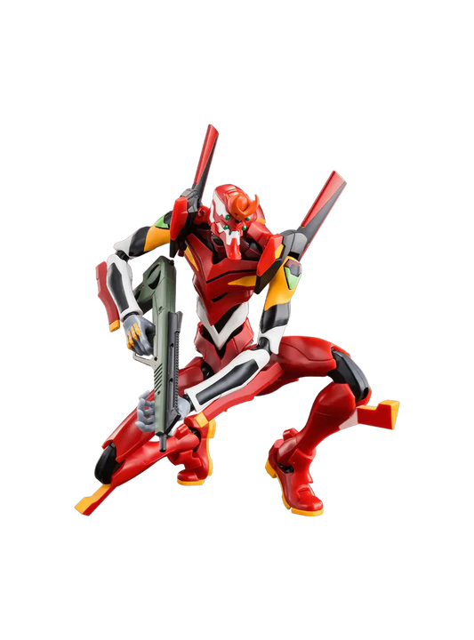 Action figure assemblata del Model-02 Evangelion linea Blokees; il robot rosso è in posa dinamica impugnando la Thunder Spear, evidenziando i dettagli dell'armatura e delle articolazioni.