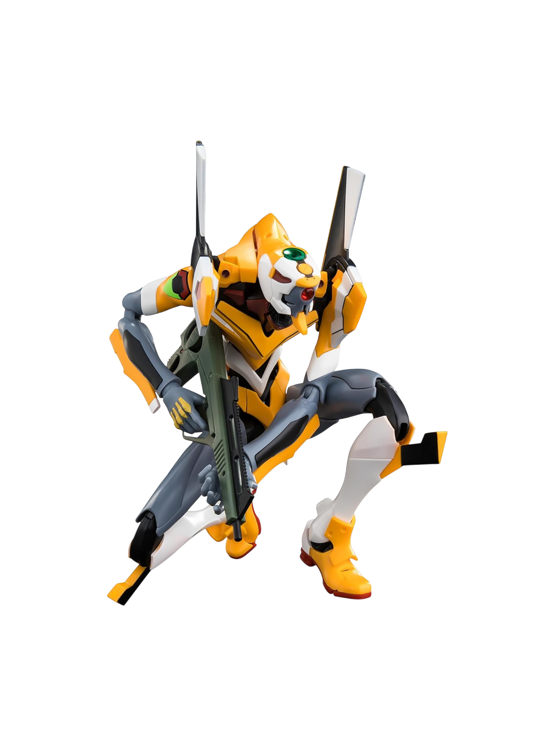 Action figure / model kit dell'Evangelion Unità-00 (Proto Type-00) marca Blokees di colore giallo, bianco e grigio, rappresentato in una posa accucciata e dinamica su sfondo nero mentre impugna con determinazione un Fucile Pallet di colore verde militare.