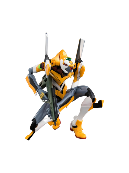 Action figure / model kit dell'Evangelion Unità-00 (Proto Type-00) marca Blokees di colore giallo, bianco e grigio, rappresentato in una posa accucciata e dinamica su sfondo nero mentre impugna con determinazione un Fucile Pallet di colore verde militare.