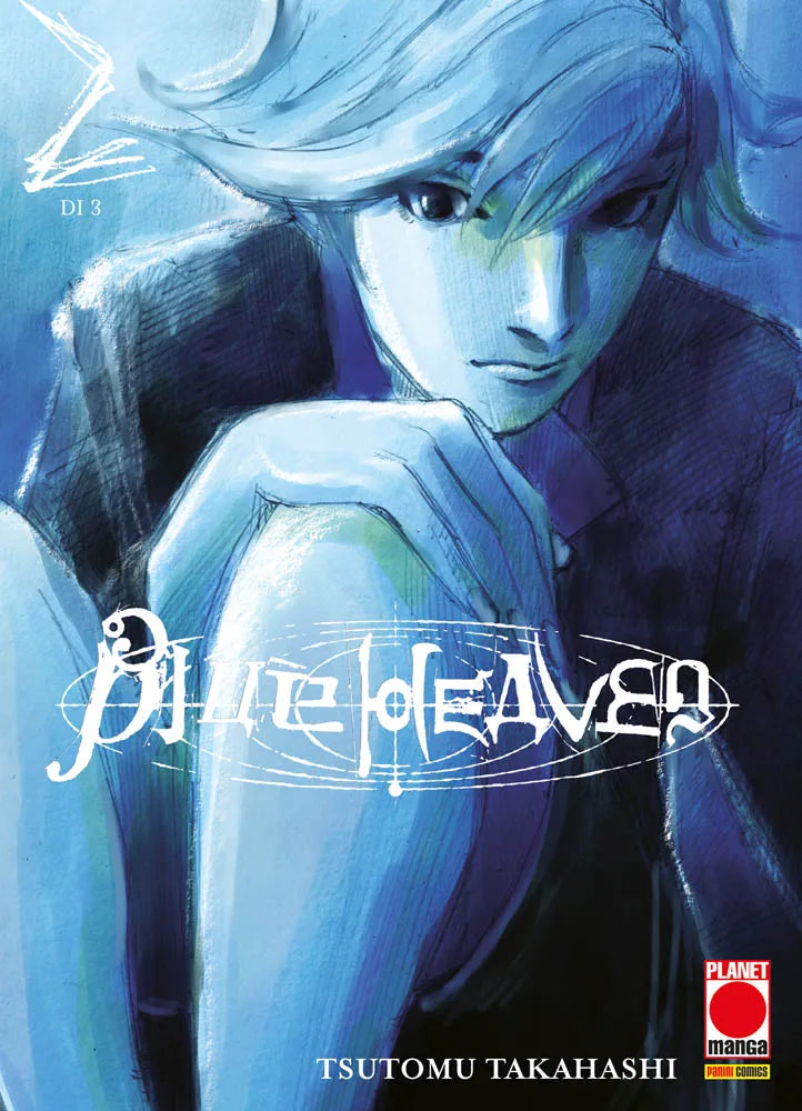 Copertina del secondo volume del manga thriller 'Blue Heaven' di Tsutomu Takahashi, edito da Panini Planet Manga. L'illustrazione artistica virata su fredde tonalità blu e azzurre ritrae in primo piano un giovane ragazzo dai capelli chiari con sguardo intenso rivolto verso lo spettatore, affiancato dal titolo stilizzato 'BLUE HEAVEN', dall'indicazione '2 DI 3' in alto a sinistra e dal logo Planet Manga in basso a destra.