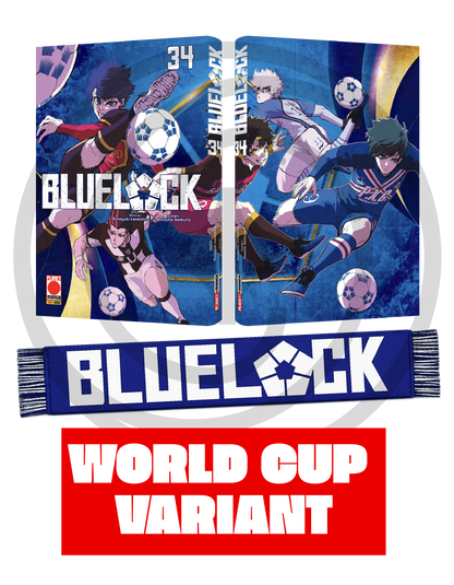 Volantino promozionale ufficiale della speciale edizione limitata 'Blue Lock Vol. 34 Variant World Cup Celebration' di Panini Planet Manga, che mostra in anteprima la spettacolare sovraccoperta avvolgente (wraparound) con i protagonisti Isagi Yoichi e Rin Itoshi in azione calcistica dinamica, affiancata dall'esclusiva sciarpa da tifoso blu scuro con loghi bianchi e la scritta 'Kick Off!' in omaggio nella confezione.