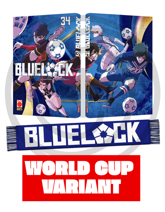 Volantino promozionale ufficiale della speciale edizione limitata 'Blue Lock Vol. 34 Variant World Cup Celebration' di Panini Planet Manga, che mostra in anteprima la spettacolare sovraccoperta avvolgente (wraparound) con i protagonisti Isagi Yoichi e Rin Itoshi in azione calcistica dinamica, affiancata dall'esclusiva sciarpa da tifoso blu scuro con loghi bianchi e la scritta 'Kick Off!' in omaggio nella confezione.