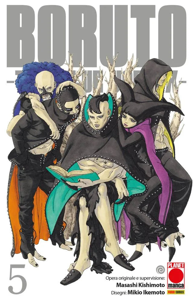 I nuovi umanoidi nemici (Ryu, Matsuri e altri) posano minacciosamente insieme a Jura (il leader seduto al centro con un libro), circondati da rami bianchi contorti sulla copertina di Boruto Two Blue Vortex Vol. 5.