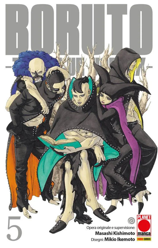 I nuovi umanoidi nemici (Ryu, Matsuri e altri) posano minacciosamente insieme a Jura (il leader seduto al centro con un libro), circondati da rami bianchi contorti sulla copertina di Boruto Two Blue Vortex Vol. 5.