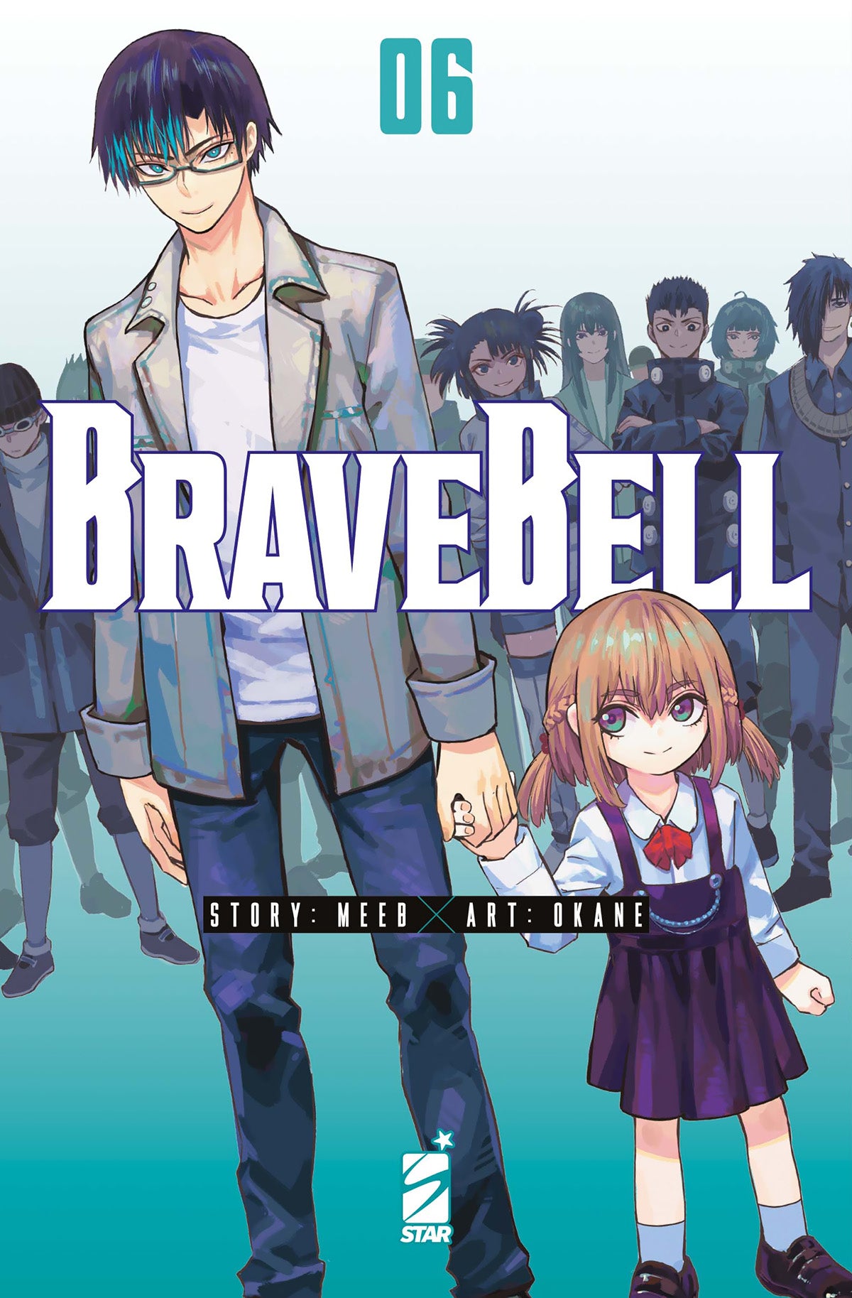 Copertina del manga Brave Bell volume 6. Un ragazzo con gli occhiali e i capelli scuri tiene per mano una bambina con un vestito viola, davanti a una folla di persone sfocate.