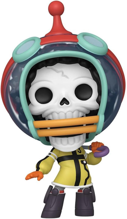 Funko Pop! numero 2147 di Brook da One Piece; la figure mostra lo scheletro con il look dell'arco di Egghead, indossando una tuta gialla futuristica e un casco tecnologico attorno alla testa.