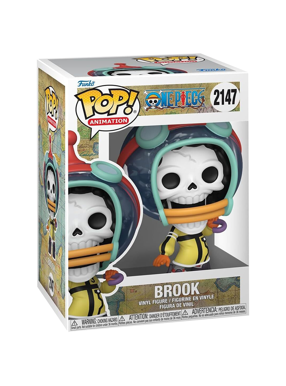 Funko Pop! numero 2147 di Brook da One Piece; la figure mostra lo scheletro con il look dell'arco di Egghead, indossando una tuta gialla futuristica e un casco tecnologico attorno alla testa.