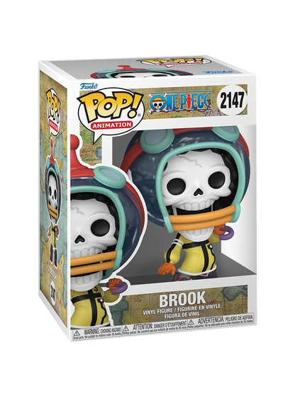 Funko Pop! numero 2147 di Brook da One Piece; la figure mostra lo scheletro con il look dell'arco di Egghead, indossando una tuta gialla futuristica e un casco tecnologico attorno alla testa.