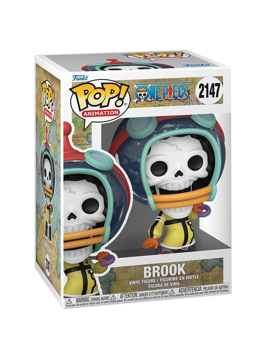 Funko Pop! numero 2147 di Brook da One Piece; la figure mostra lo scheletro con il look dell'arco di Egghead, indossando una tuta gialla futuristica e un casco tecnologico attorno alla testa.
