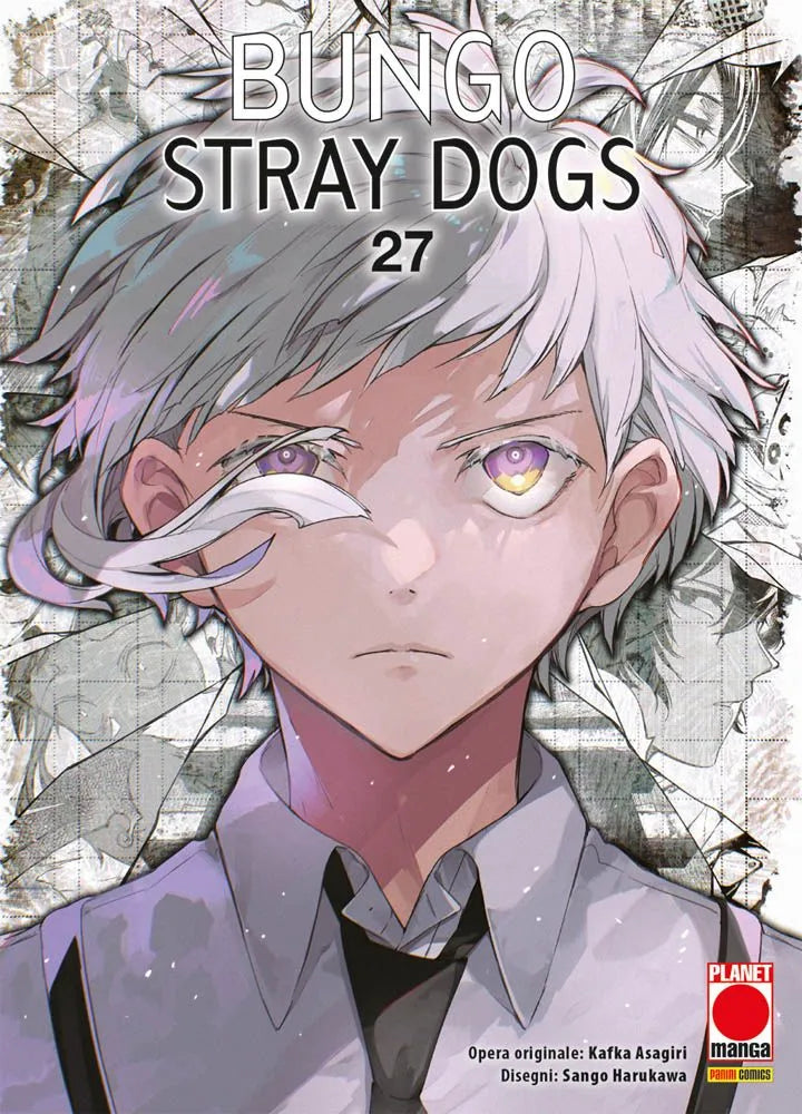 Copertina del manga Bungo Stray Dogs Vol. 27; in primo piano il volto di Atsushi Nakajima con un'espressione seria e penetranti occhi luminosi viola e dorati. Lo sfondo è un collage caotico di frammenti di tavole a fumetti in bianco e nero.