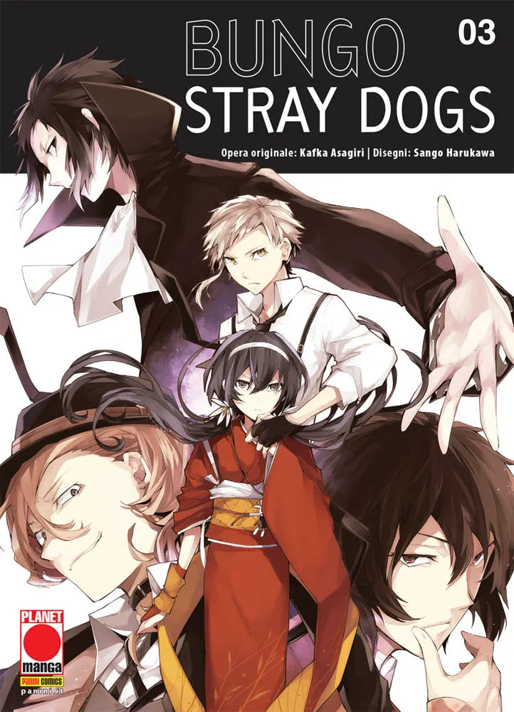 Copertina del manga Bungo Stray Dogs volume 3. L'illustrazione mostra un gruppo di personaggi della serie disposti verticalmente su uno sfondo chiaro: un ragazzo dai capelli chiari e un'espressione seria al centro è sovrastato da un uomo con un lungo cappotto nero e le braccia aperte, mentre in basso compaiono una ragazza in kimono rosso e altri due personaggi di profilo.