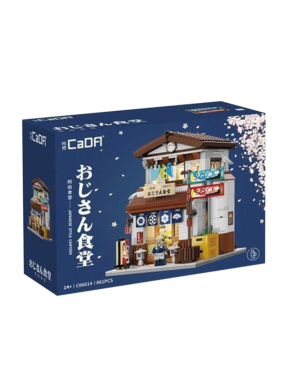 Scatola blu del set di costruzioni CaDA "Japanese Style Canteen", decorata con delicati petali di ciliegio. Al centro spicca il modello assemblato: un tipico ristorante giapponese a due piani con tetto marrone, tende blu all'ingresso, due bandiere a forma di carpa e la minifigure di un anziano cuoco davanti alla porta. In basso sono indicati i pezzi (861PCS) e l'icona del sistema LED incluso.