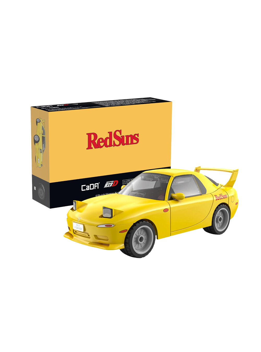 Scatola gialla e modellino costruito in mattoncini CADA della Mazda RX-7 FD3S di colore giallo; l'auto sportiva presenta il logo "RedSuns" sulla fiancata e l'alettone posteriore.