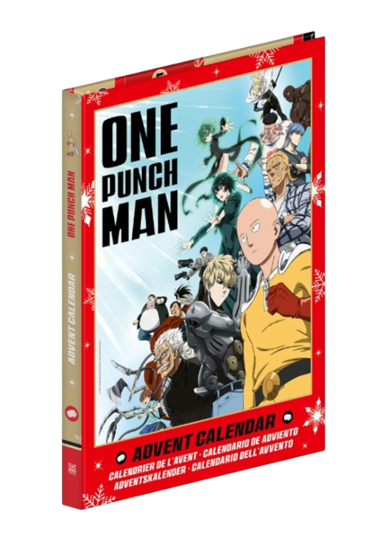 Calendario dell'Avvento One Punch Man con Saitama e altri eroi in copertina.