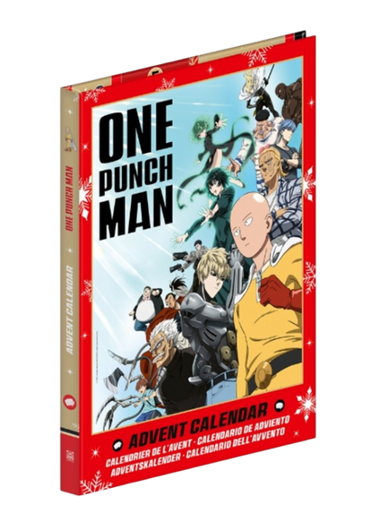 Calendario dell'Avvento One Punch Man con Saitama e altri eroi in copertina.