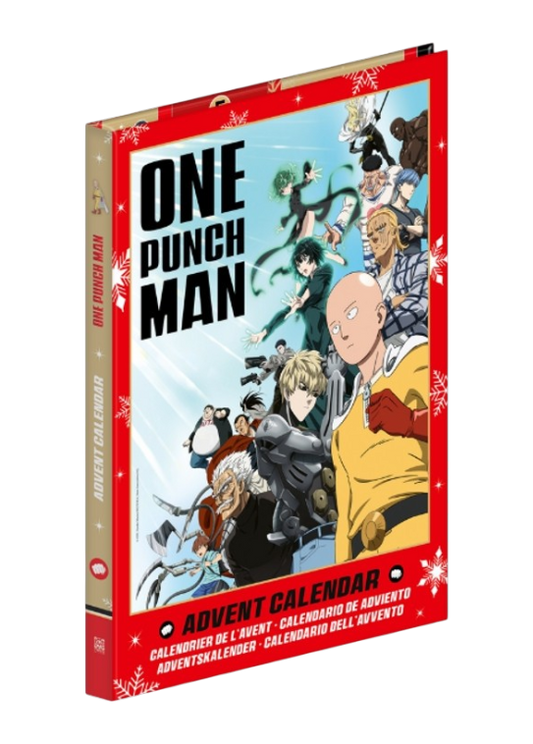 Calendario dell'Avvento One Punch Man con Saitama e altri eroi in copertina.