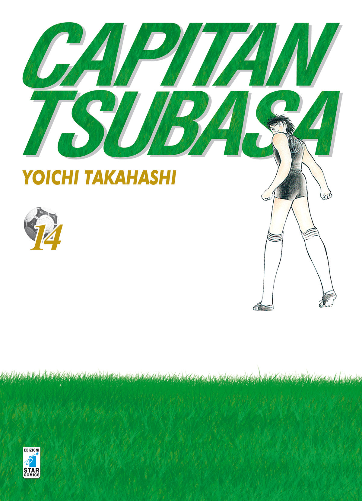 Copertina del quattordicesimo volume del manga 'Capitan Tsubasa New Edition' di Yoichi Takahashi, edito da Star Comics. L'illustrazione essenziale su sfondo bianco con prato verde in basso raffigura Kojiro Hyuga visto da tergo con la divisa scura della Toho con le maniche arrotolate, sormontato dal grande titolo verde 'CAPITAN TSUBASA', dal nome dell'autore e dal numero 14 in arancione e oro affiancato da un pallone da calcio.