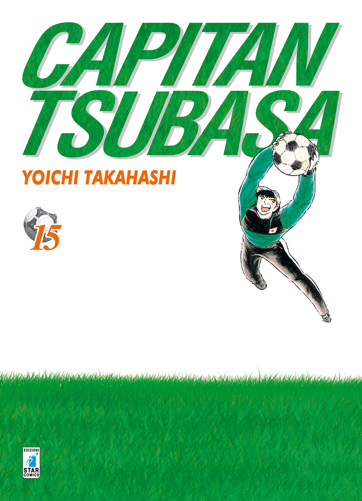 Copertina del quindicesimo volume del manga 'Capitan Tsubasa New Edition' di Yoichi Takahashi, edito da Star Comics. L'illustrazione su sfondo bianco con prato verde in basso presenta il grande titolo verde 'CAPITAN TSUBASA', il nome dell'autore Yoichi Takahashi, l'icona del pallone con il numero 15 e il portiere Genzo Wakabayashi in presa aerea sorridente con maglia da portiere verde e nera della Nazionale.