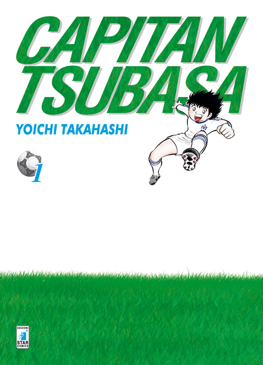Copertina del manga Capitan Tsubasa New Edition 1. Sfondo prevalentemente bianco con un prato verde nella parte inferiore, mentre il giovane Tsubasa in divisa bianca e blu salta in aria pronto a calciare il pallone.