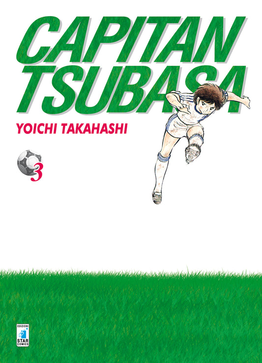 Copertina del manga Capitan Tsubasa New Edition 3. Sfondo prevalentemente bianco con un prato verde nella parte inferiore, mentre Tsubasa in divisa bianca e blu è sospeso a mezz'aria, concentrato prima di calciare il pallone.