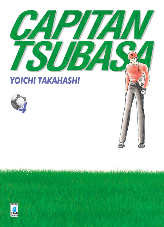 Copertina del manga Capitan Tsubasa New Edition 4. Sfondo prevalentemente bianco con un prato verde scuro nella parte inferiore. Sulla destra, il formidabile portiere Genzo Wakabayashi, in maglia arancione, pantaloni neri e cappellino, fissa in avanti tenendo saldamente un pallone da calcio sotto il braccio.