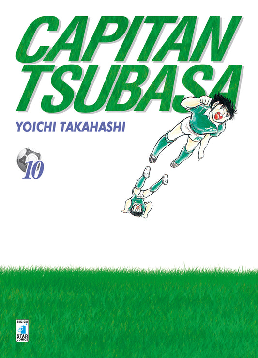 Copertina del decimo volume del manga Capitan Tsubasa, edito da Star Comics, con sfondo bianco, un prato d'erba verde in basso e l'illustrazione ravvicinata dei gemelli Tachibana (i fratelli Derrick) in aria con la loro divisa verde e bianca mentre eseguono una spettacolare evoluzione acrobatica.