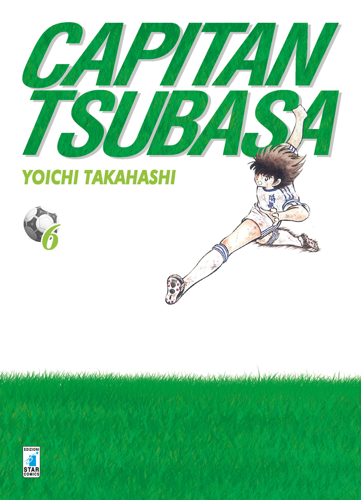 Copertina del sesto volume del manga Capitan Tsubasa, edito da Star Comics, caratterizzata da uno sfondo bianco con un prato d'erba verde in basso e il protagonista Tsubasa Ozora ritratto in un dinamico salto acrobatico a mezz'aria mentre calcia il pallone.