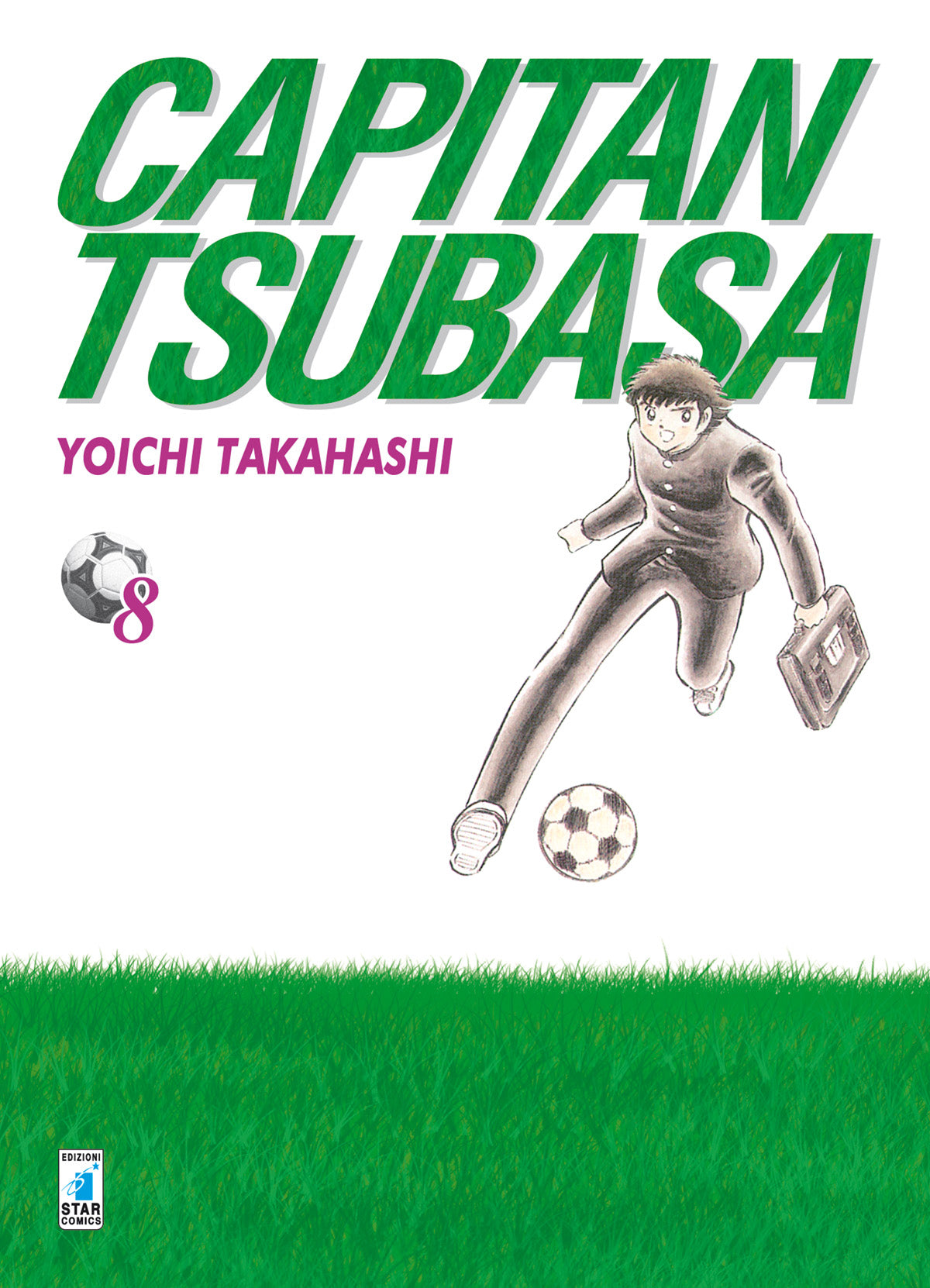Copertina dell'ottavo volume del manga Capitan Tsubasa, edito da Star Comics, con sfondo bianco, un prato d'erba verde in basso e il protagonista Tsubasa Ozora ritratto in corsa mentre indossa una divisa scolastica nera (gakuran), calcia un pallone da calcio e tiene una cartella nella mano sinistra.