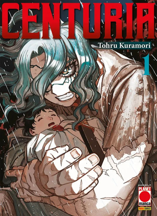 Copertina dell'edizione regular del manga Centuria Vol. 1. In primo piano Julian, un giovane ragazzo dai capelli scuri e spettinati, con uno sguardo intenso e ferito. Indossa abiti logori e lo sfondo suggerisce un'atmosfera cupa e tempestosa, con richiami agli elementi marini e soprannaturali della trama. In alto il logo "Centuria" e il marchio Planet Manga.