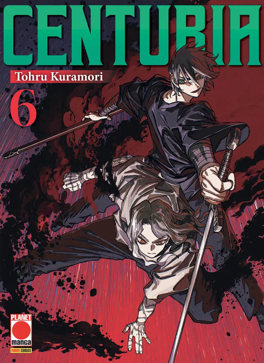 Copertina del manga Centuria volume 6. L'illustrazione dinamica mostra due personaggi in posa da combattimento, avvolti da un'oscura aura nera simile a fumo, che si stagliano su un vibrante sfondo rosso. Il ragazzo in piedi impugna una spada, mentre l'altro è accovacciato in avanti con sguardo determinato.