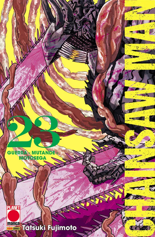 Copertina del ventitreesimo volume del manga 'Chainsaw Man' di Tatsuki Fujimoto, edito da Panini Planet Manga. L'illustrazione ad alto impatto su sfondo giallo brillante ritrae la spaventosa e sanguinosa forma demoniaca di Chainsaw Man con grandi fauci e motoseghe ricoperte di sangue, affiancata dal titolo verticale 'CHAINSAW MAN' e dal numero 23 in verde.
