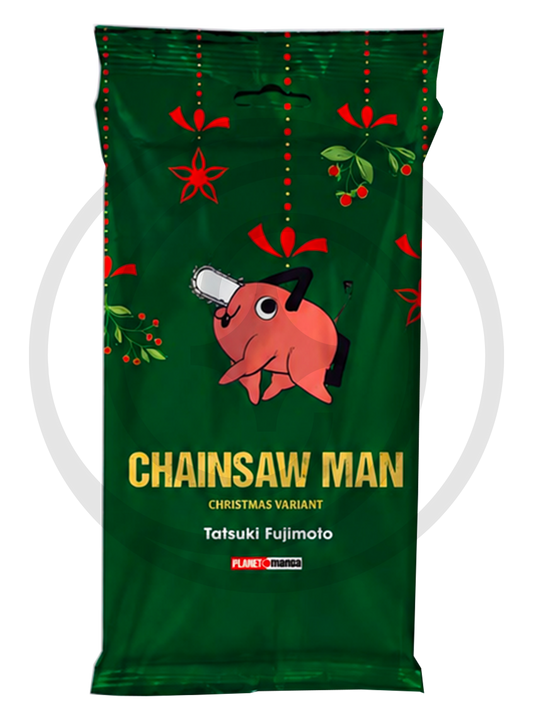 Anteprima da catalogo del manga 'Chainsaw Man Vol. 1 Christmas Variant' di Tatsuki Fujimoto, edito da Panini Planet Manga. L'illustrazione mostra la speciale confezione a busta verde decorata con eleganti motivi natalizi rossi, al cui centro spicca il simpatico diavolo-motosega Pochita, sopra il titolo dorato 'CHAINSAW MAN CHRISTMAS VARIANT' e l'etichetta rossa Panini Direct.