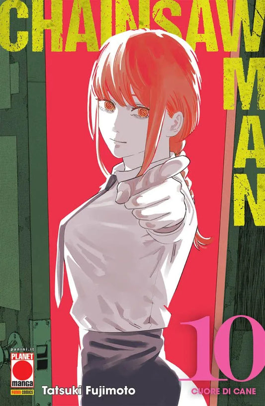 Copertina del manga Chainsaw Man Vol. 10. Su un vibrante e acceso sfondo rosso magenta, campeggia l'enigmatica Makima circondata da un branco di cani. La donna indossa la sua classica divisa da devil hunter con pantaloni scuri, camicia bianca e cravatta nera. Guarda direttamente lo spettatore con i suoi caratteristici occhi ad anelli concentrici, accarezzando i cani attorno a lei con un'espressione indecifrabile. In alto spicca il logo del titolo.